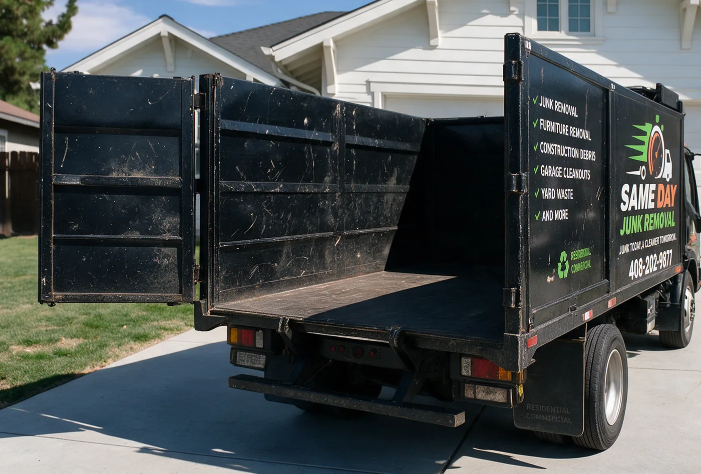 The truck's steel dump body backed onto a driveway with its tailgate swung open
