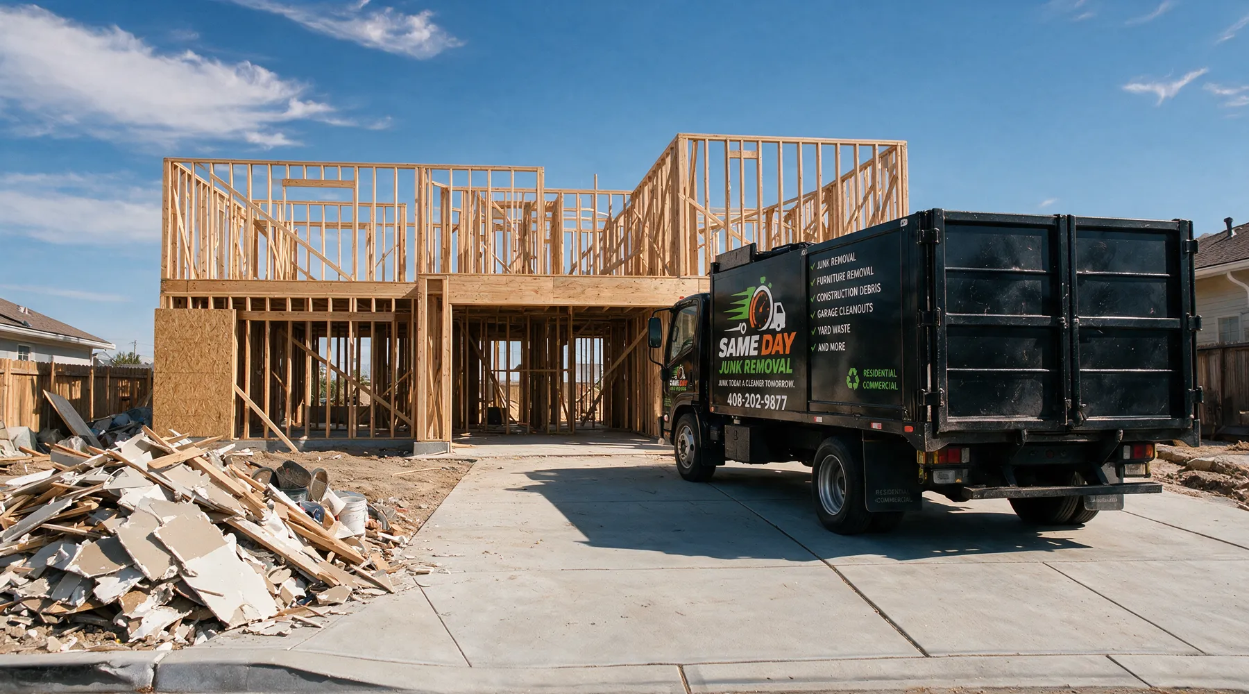The Sameday truck backed in, loaded with construction debris