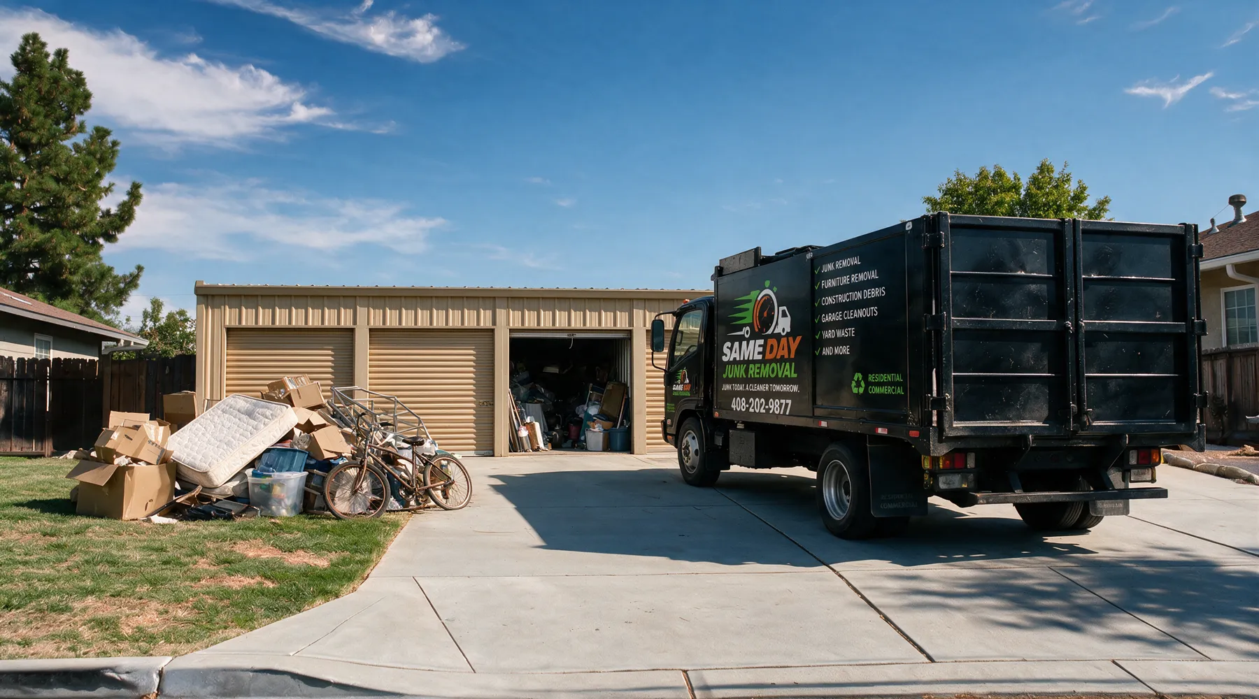 The Sameday truck backed in, loaded with storage units