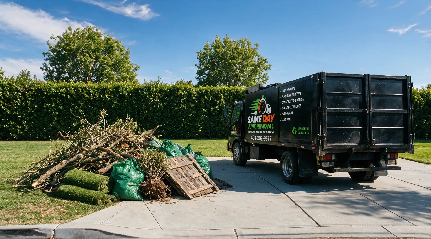 The Sameday truck backed in, loaded with yard waste