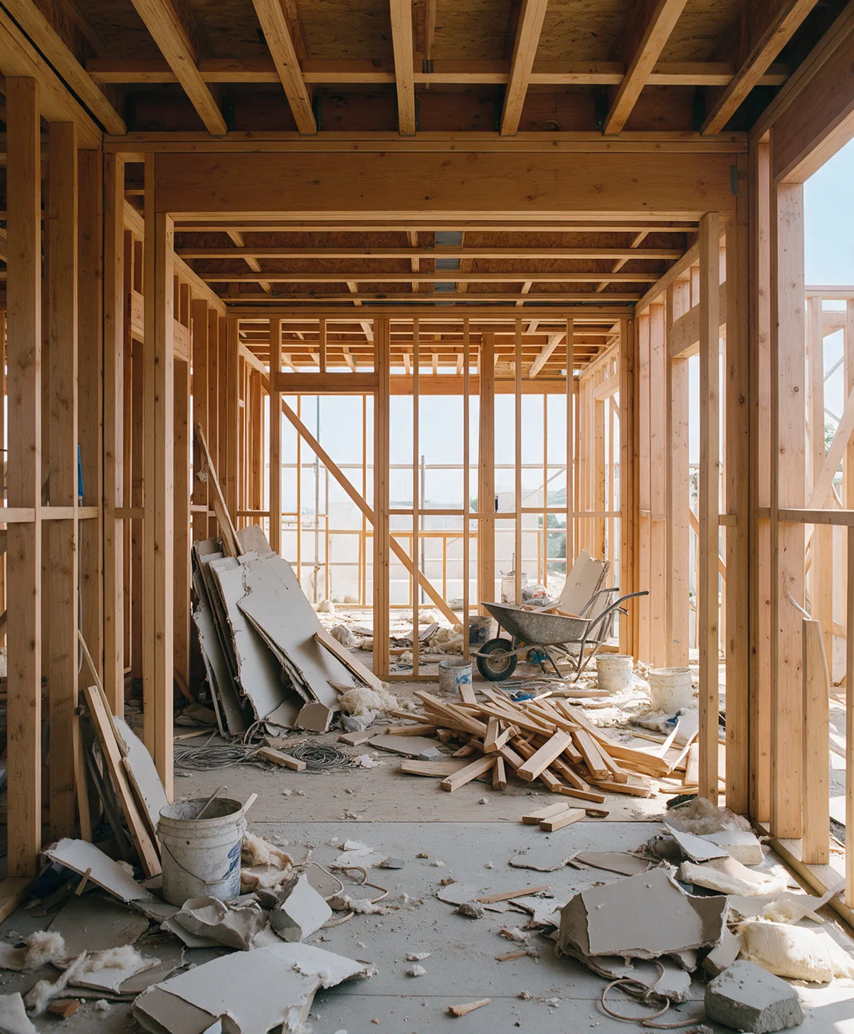 A house under construction, the floor covered in broken drywall, offcut timber and buckets