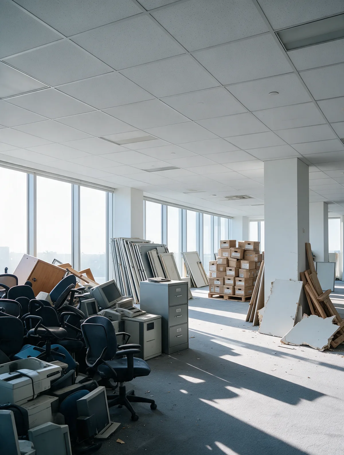 An office floor mid strip-out: stacked chairs, filing cabinets, old monitors and broken drywall
