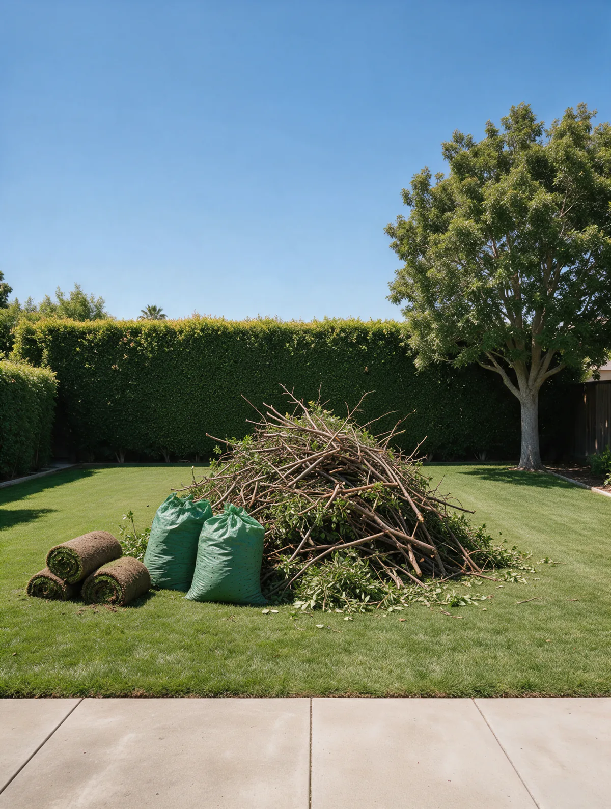 A back garden covered in cut branches, rolls of turf and green waste bags