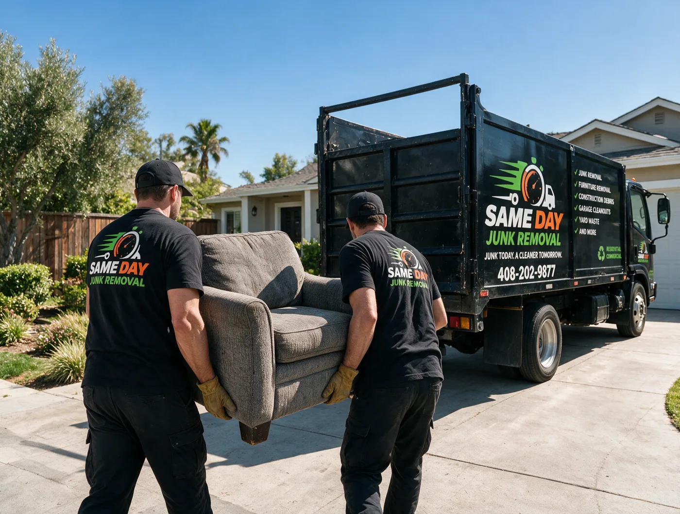 Two crew members carrying a heavy armchair between them down a driveway to the truck